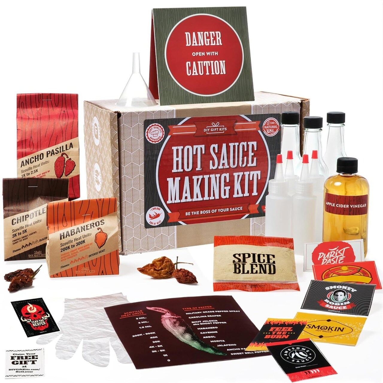 DIY Gift Kits Standard Hot Sauce Gift Set with 3 Recipes, Make Your Own Hot Sauce Kit - Includes Ghost Pepper, Chipotle, Habanero & Ancho Pasilla